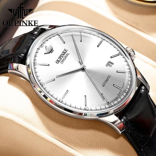 Imported OUPINKE Swiss Movement Automatic Mechanical Watch Sapphire Waterproof Calendar Luxury Leather Watch Male 3269