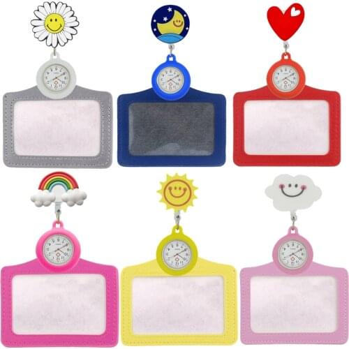 New Retractable Badge Reel Cartoon Smile Sunflowers Love Cloud Moon Nurse Doctor Pocket Watches 2 in 1 ID Name Cards Holders