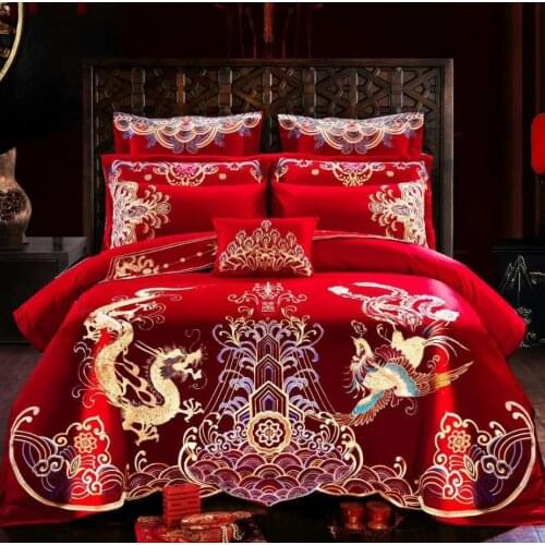 Loong Phoenix Embroidery Wedding Home Textile Bedding Set Luxury Red Princess Duvet Cover Bed sheet Linen Cotton King Queen size