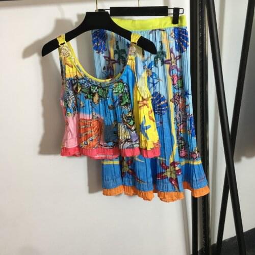 Summer Holiday Style Womens Skirt suits High quality fashion print camisole + pleated Skirts 2piece set C871