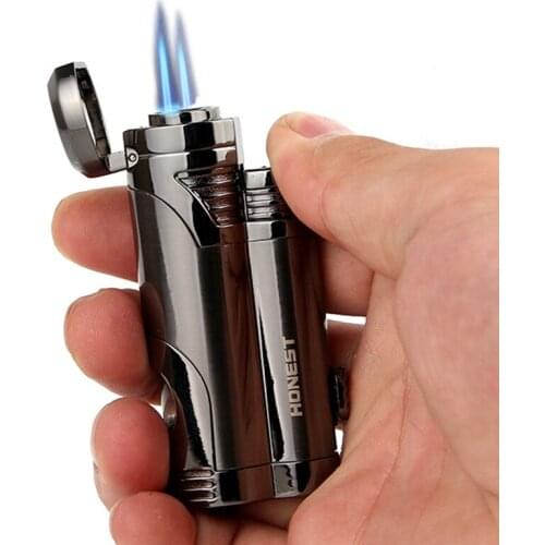 Honest Metal Lighter Windproof Jet Butane Gas Three Triple Torch Turbo Lighter Cigar Lighter with Cigar Cutter Powerful Men Gift