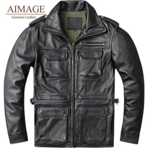 Military style men cowhide leather jacket mid-length Multi-pocket 100% real Genuine leather jacket Vintage Motorcycle Coat
