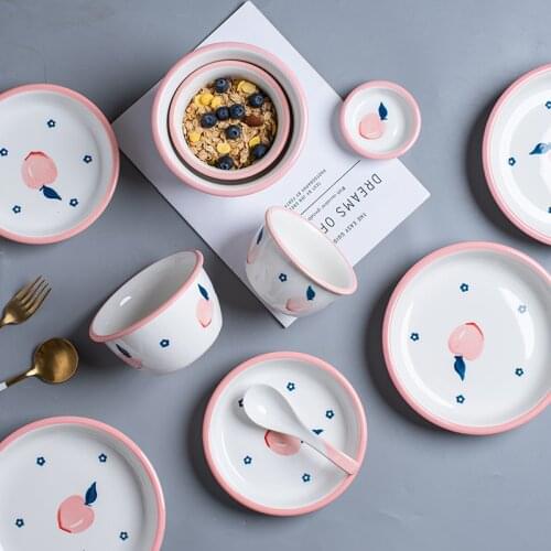 Set bowl plate household plate ins wind creative peach ceramic tableware underglaze color western dinner plate