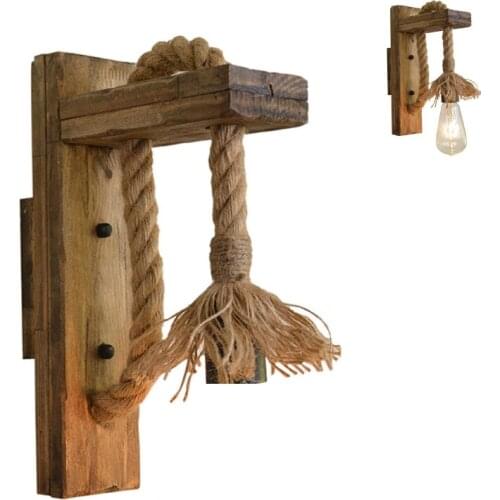 E27 American Style Pastoral Hemp Rope Wall Lamp Vintage Wooden Wall Light for Restaurant Coffee Shop Decor(Without Bulb)