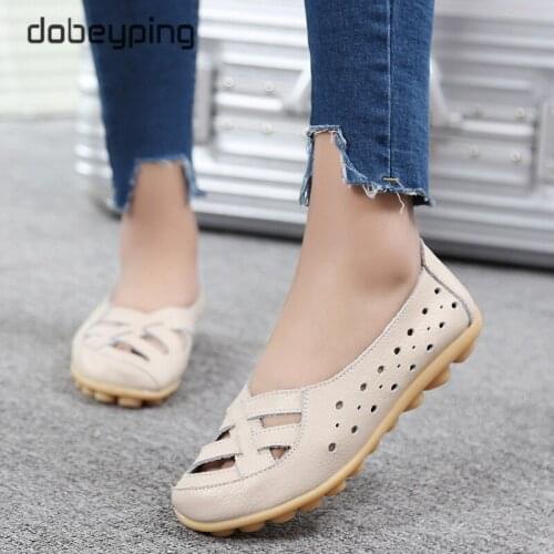 New Breathable Hollow Summer Womens Loafers Genuine Leather Woman Walking Flats Shoe Soft Ballet Female Shoes Large Size 35-44