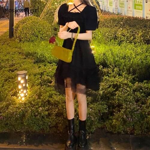 New Gothic Women Black Fairy Party Dress Cross Square Collar Lolita Princess Irregular Dress Cute Kawaii Lace Ruffles Chic Dress