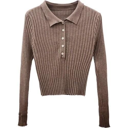 2021 Girls Solid Color Button Autumn Sweater High Quality Polo Neck Long Sleeve Knitted Sweater Pullover Short Top Womens