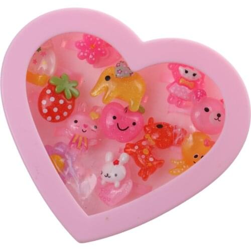 Lot of 12pcs Assorted Lovely Plastic Rings in Pink Heart Box Beautiful Gift for Gilrs Birthday Party Bag Fillers