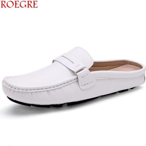 ROEGRE2018 new summer mens casual shoes, Baotou lazy British cowhide sandals, peas half drag, mens leather breathable