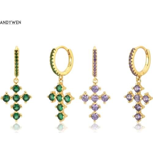 ANDYWEN 100% 925 Sterling Silver Rainbow Cross Dangle Charm Drop Earring Piercing Zircon Ohrringe Jewelry Rock Punk Pendiente