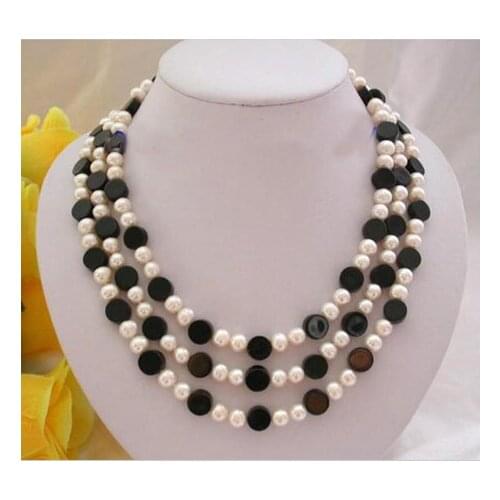 Gorgeous Pearl Jewellery,3Rows 8mm Round Black Agates White Freshwater Pearls Necklace,Free Shipping