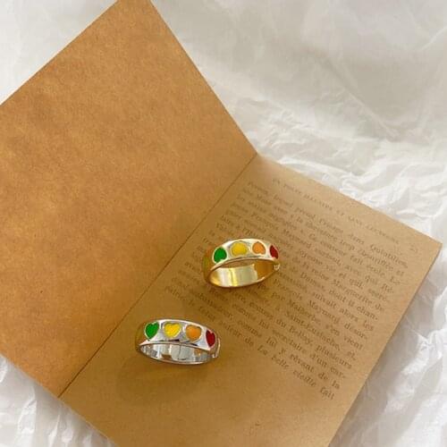 Vintage Simple Colorful Heart Shaped Opening Ring Fashion Cute Gold Silver Color Ring For Women Bohemian Party Jewelry Gift