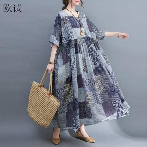 Oversized Vintage Plaid Dress for Women Loose Casual Floral Dresses Vogue Ladies Cotton Oversize New Fashion Mujer Dress 2021