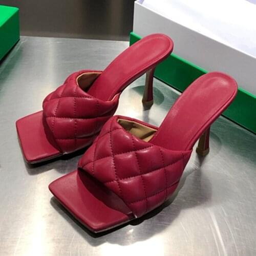 Checkered Woman Slippers Square Head Shoes Women Summer Solid Slippers Thin Heels Outwear Shoes Fashion Concise Slippers Hot