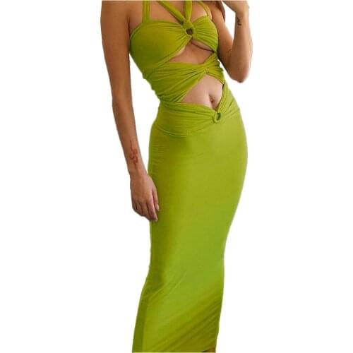 XLLAIS Fashion Ring Design Vestidos Sexy Sleeveless Solid Color Bodycon Dress For Women Halter Lace Up Vacation Robe