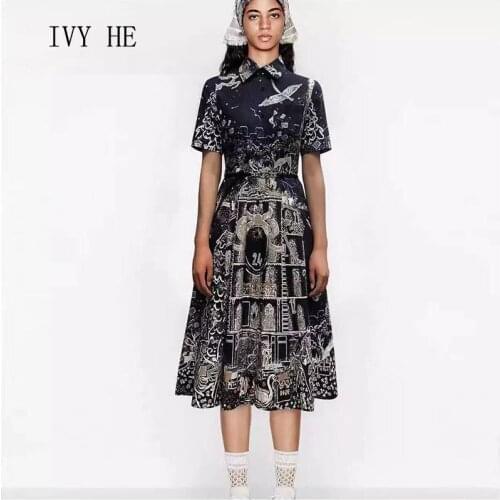 IVY HE European And American New Summer Womens Dress 2021 Vintage Dress Gorgeous Printed Short Sleeve High Waist With Belt