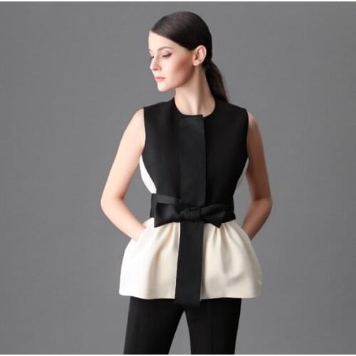 New High-End Design French Romantic Bow Women Vest Coat Sleeveless Spliced Vest Lady quality Slim Jacket Waistcoat Fashion femme