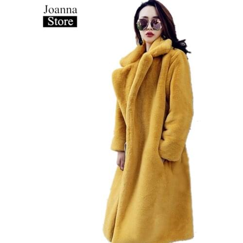 Winter Faux Fur Teddy Bear Long Thick Coat Women Fake Fur Fluffy Warm Pink Lapel Furry Jackets Female plus size Yellow Overcoat