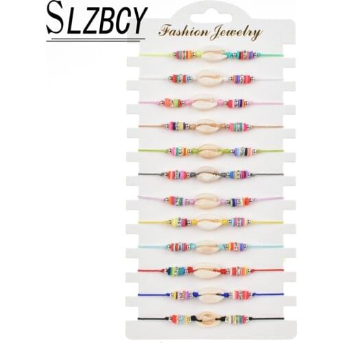 12 pcs/set Soft Clay Shell Charm Bracelets Set for Women Kids Handmade Braided Rope Adjustable Bracelet Anklets Trendy Jewelry