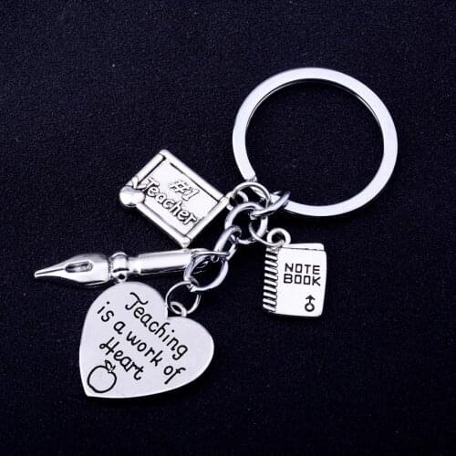 36PC Engraved Words Teaching Is A Work Of Heart Love Heart Keyrings Teacher Pen Notebook Pendant Keychains Teachers Jewelry Gift