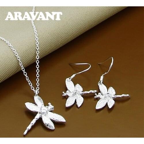 925 Silver Dragonfly Pendant Necklaces Earrings Sets For Women Fashion Jewelry
