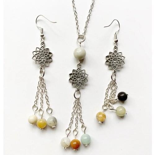 Amazonite Necklace Earrings Jewelry Set Natural Healing Crystals Jewelry Metal Pendant Lotus Flower Tassel Handmade Dropship