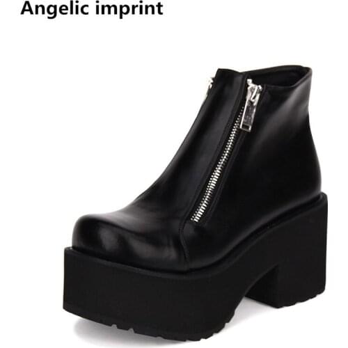 Angelic imprint mori girl Women punk motorcycle boots lady lolita ankle Boots woman high trifle heels pumps wedges shoes 33-47