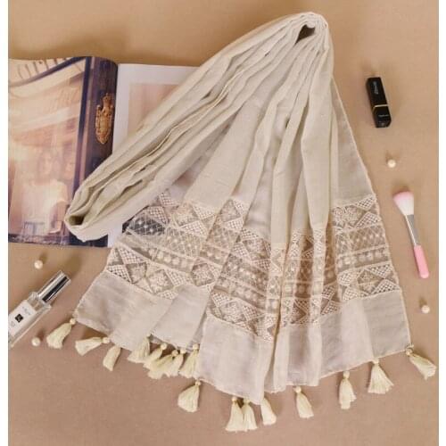 Hot Selling Tassel Cotton Hijab Scarf Women Solid Color Lace Shawl Wrap Large Size Pashmina Stole Muslim Female Bufanda 210*70Cm