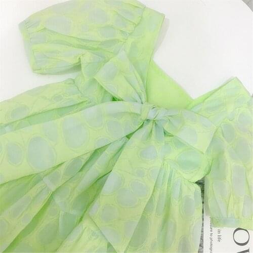 Girls Summer Green Bowknot Leaky Back Puff Sleeve Princess Dress Toddler Girl Dresses Party Dresse for Girls Korean Baby Clothes