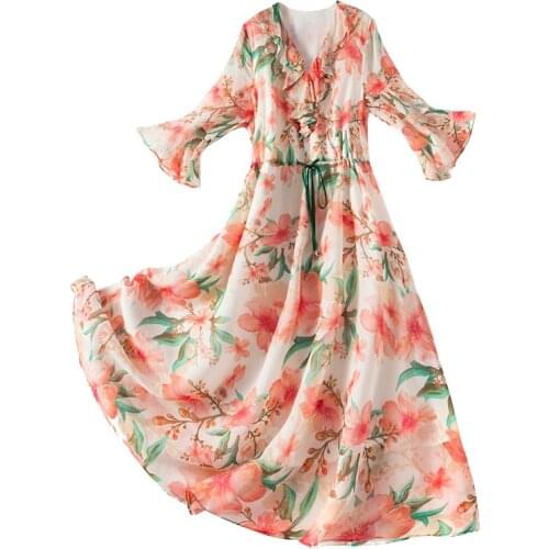 M L XL XXL 3XL 4XL 5XL 2021 Summer New Arrival Casual V Neck Half Sleeve Plus Size Floral Print Chiffon Dress for Ladies