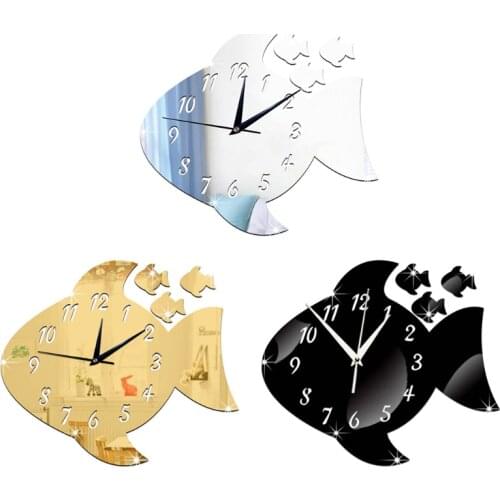 Cute Fish Shape Acrylic Wall Clock Mirror Sticker Watch DIY Decal for Kids Bedroom Home Decoration