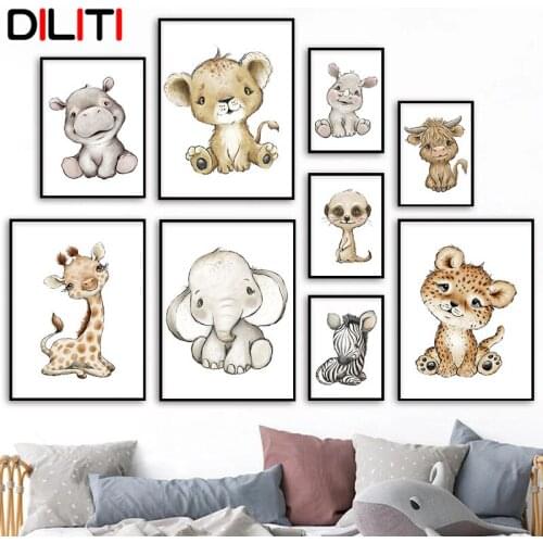Cute Baby Animal Watercolor Wall Art Elephant Zebra Giraffe Leopard Lion Canvas Painting Nordic Poster Pictures for Kids Room