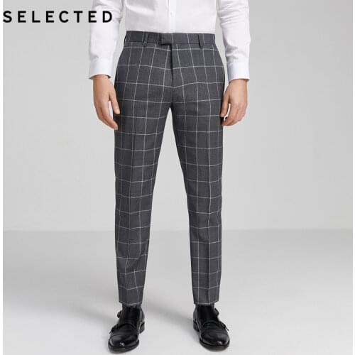 SELECTED Mens Slim Fit Wool Business Plaid Woolen Suit Pants SIG|42016B507