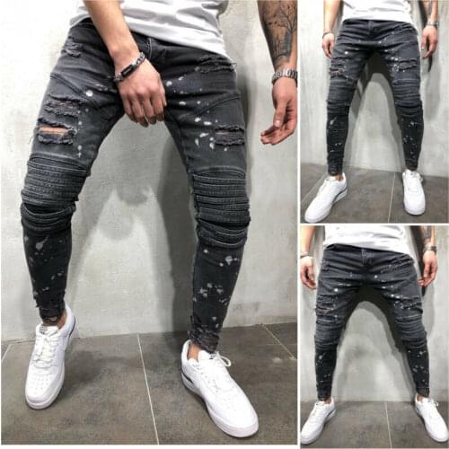 Mens Ripped Biker Hip-hop Skinny Jeans Frayed Destroyed Slim Trousers Casual Slim Fit Jeans Stretch Denim Pants Trousers