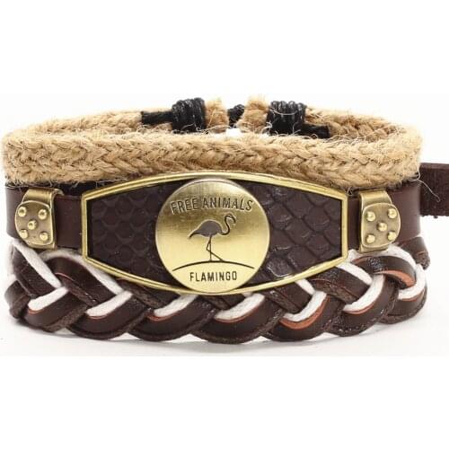 New Design Woven Alloy Bronze Fish Wolf Head Bird Charm Women Leather Bracelet Men Bangles Pulsera Femme Homme Male Gift Jewelry