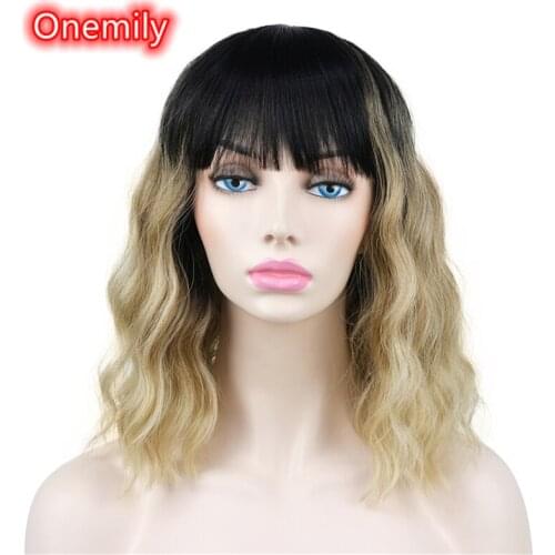 Onemily Medium Length Curly Wavy Synthetic Fashion Wigs with Bangs for Women Girls Theme Party Evening Out Dating Fun 7 Colors