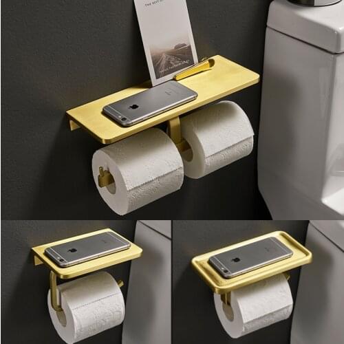 Toilet Paper Rack Brushed Gold Mobile Phone Holder Bathroom Roll Paper Box Wall Hanging Kitchen Napkin Holder Aluminum