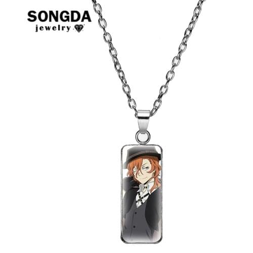 Anime Bungou Stray Dogs Rectangular Necklace Dazai Nakajima Nakahara Figures Glass Surface Neck Jewelry Accessories Women Gifts
