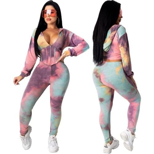 V-neck Hooded Two-piece Suit Zipper Design Long Sleeve V-neck Tops High Waist Pants Suit Autumn Fashion Tie Dye Women Clothes