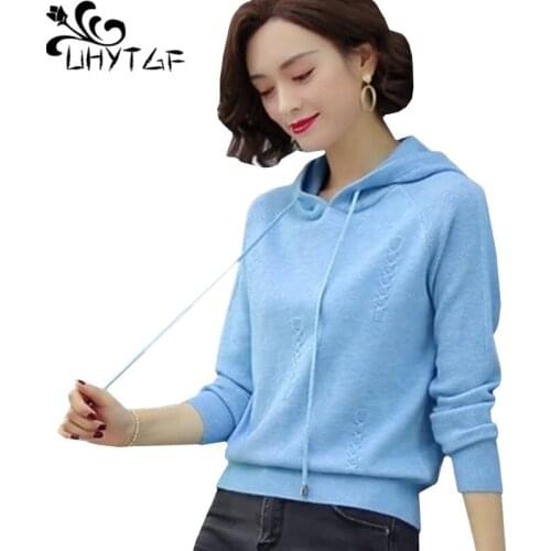 UHYTGF Womens Sweater 2020 New Hooded Casual Spring Autumn Sweatshirt Knitted Top Female Pullover Thin Jacket Short Clothes 1103