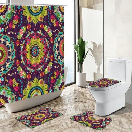 European American Exotic Ethnic Floral Shower Curtain Color Mandala Design Bathroom Non-Slip Carpet Toilet Cover Floor Mat Set