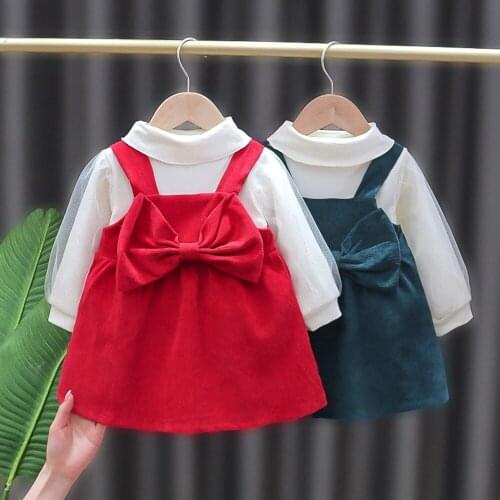 2021 Spring Girls Kids Princess Bow Overall Dres+Mesh Long Sleeve Tops T-shirt 2pcs Clothes Children Baby Infants Set S11926