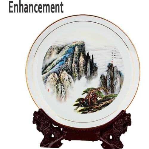 High Quality Fine Bone China Landscape Ceramic Ornamental PlatePlate Decoration Plate Wood Base Porcelain Plate Set Wedding Gift