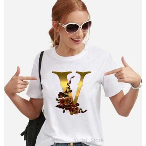 2021 Hot Sale Alphabet V Letter Print Women Tshirts Rose Flower T Shirt Femme Casual White Female T-Shirt Streetwear Tops