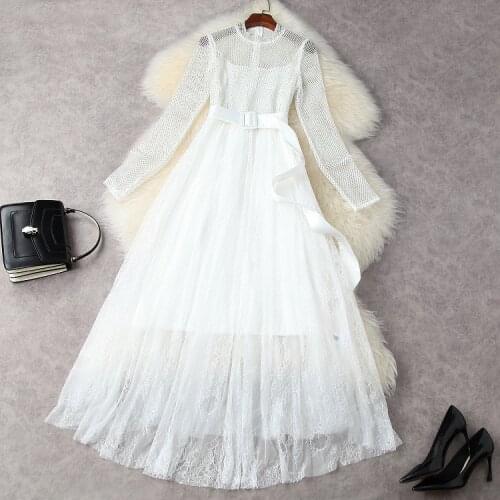 European and American womens wear for summer 2021 Long sleeve hot drilling Lace belt Fashion white pleated dress