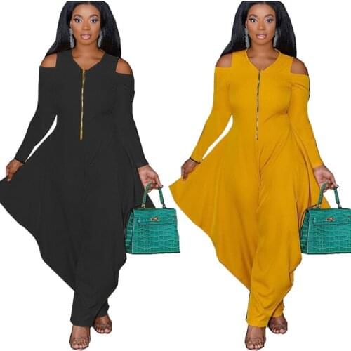 Women Solid Zipper Jumpsuit Autumn Winter Long Sleeve Hollow Shoulder Zipper One Piece Overalls Irrugular Leg Rompers Casual Sui