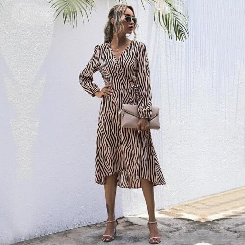 2021 Fashion Women Fall Wrap Dresses Long Sleeve V Neck Clothes Office Elegant Midi Frocks for Ladies Spring Autmn Zebra Stripes