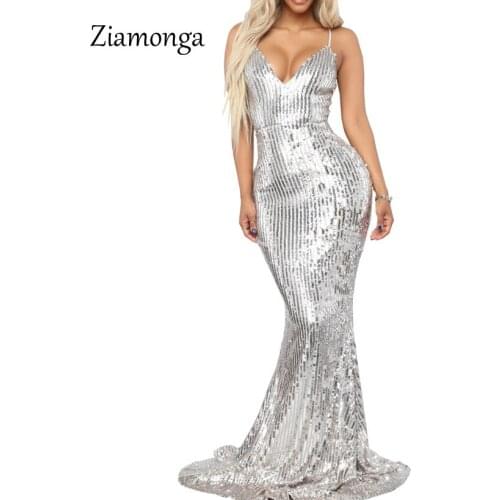 Ziamonga Silver Gold Mermaid Sequined Evening Party Long Maxi Dress 2019 New Sleeveless Deep V Neck Sequin Strap Dress Club Wear