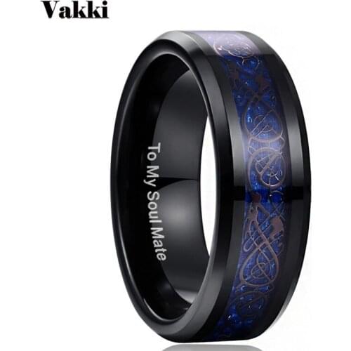 100% Tungsten Steel Ring Black Carbon Fiber Blue Dragon Men Rings TO MY SOUL MATE Husband Birthday Gift Rings Wedding Jewelry