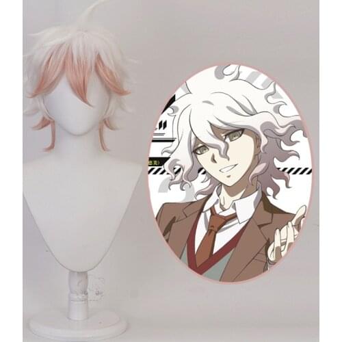 Anime Danganronpa Dangan-Ronpa Nagito Komaeda Cosplay Wigs Short Curly Heat Resistant Synthetic Hair Wig + Wig Cap